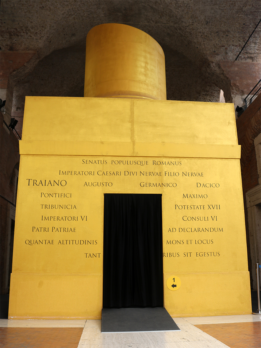 Fig. 2. Visitors enter the show through an evocation of the base of Trajan’s column on whose interior walls is projected a short biographical film of the <i>optimus princeps</i>.